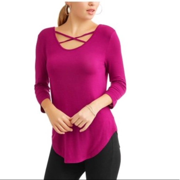 NEW•XL-2X•Magenta Cross Strap Round Hemline Top - Picture 2 of 7